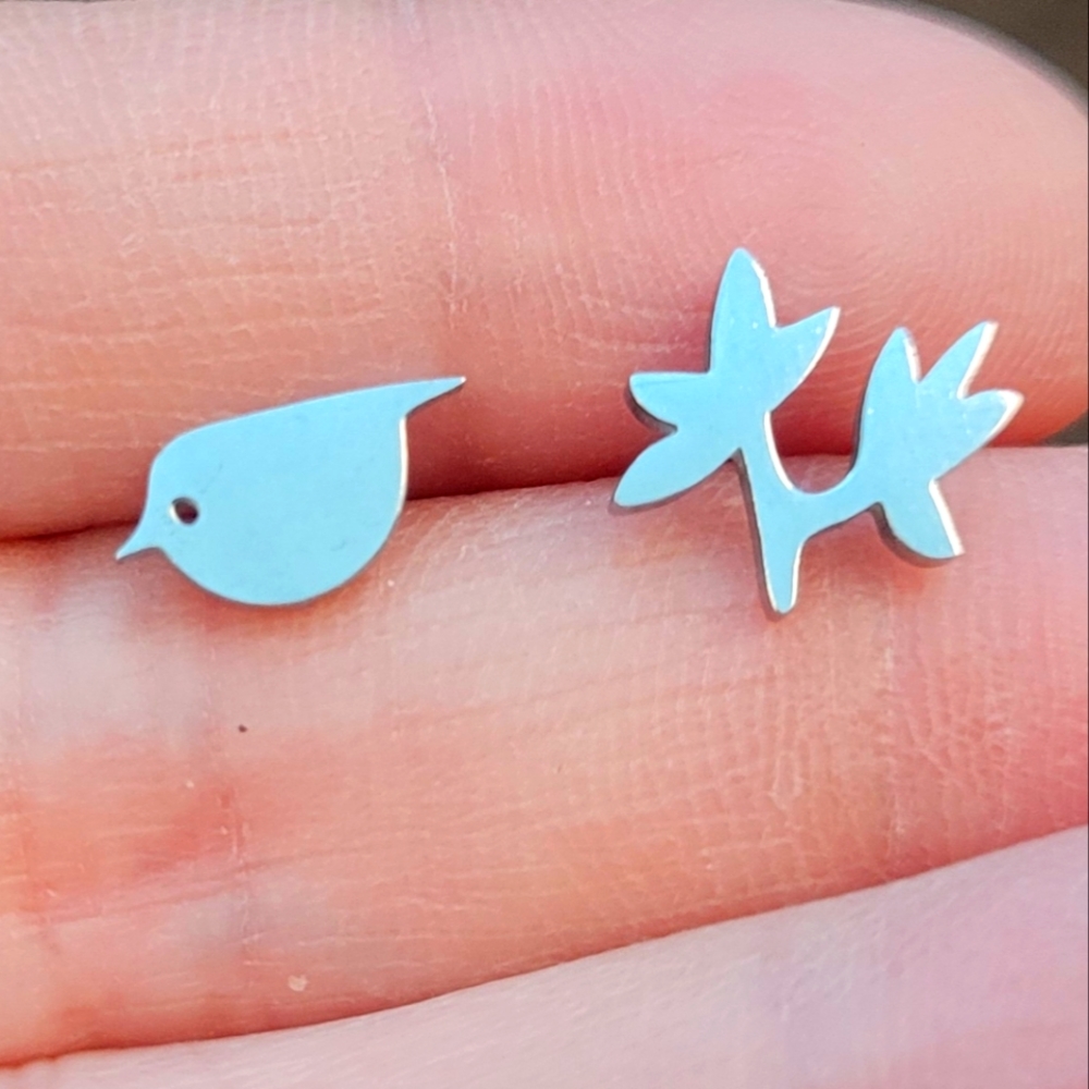 Set of cute bird and branch stainless steel stud push back earrings